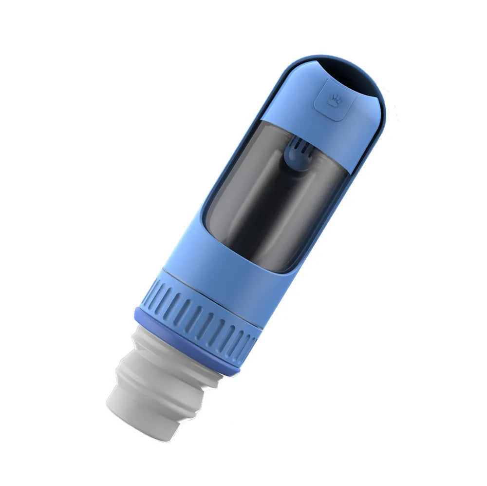 Portable dog water bottle with built-in drinking bowl in dark blue, white or yellow colours