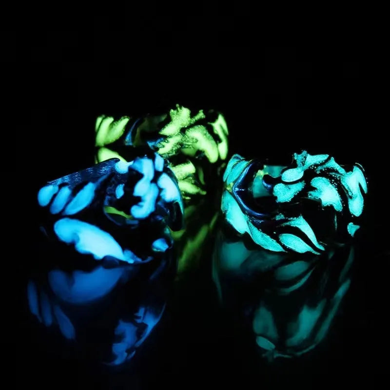 Adjustable Chinese dragon ring with luminous ancient silver blue and green electroplated metal geometric design