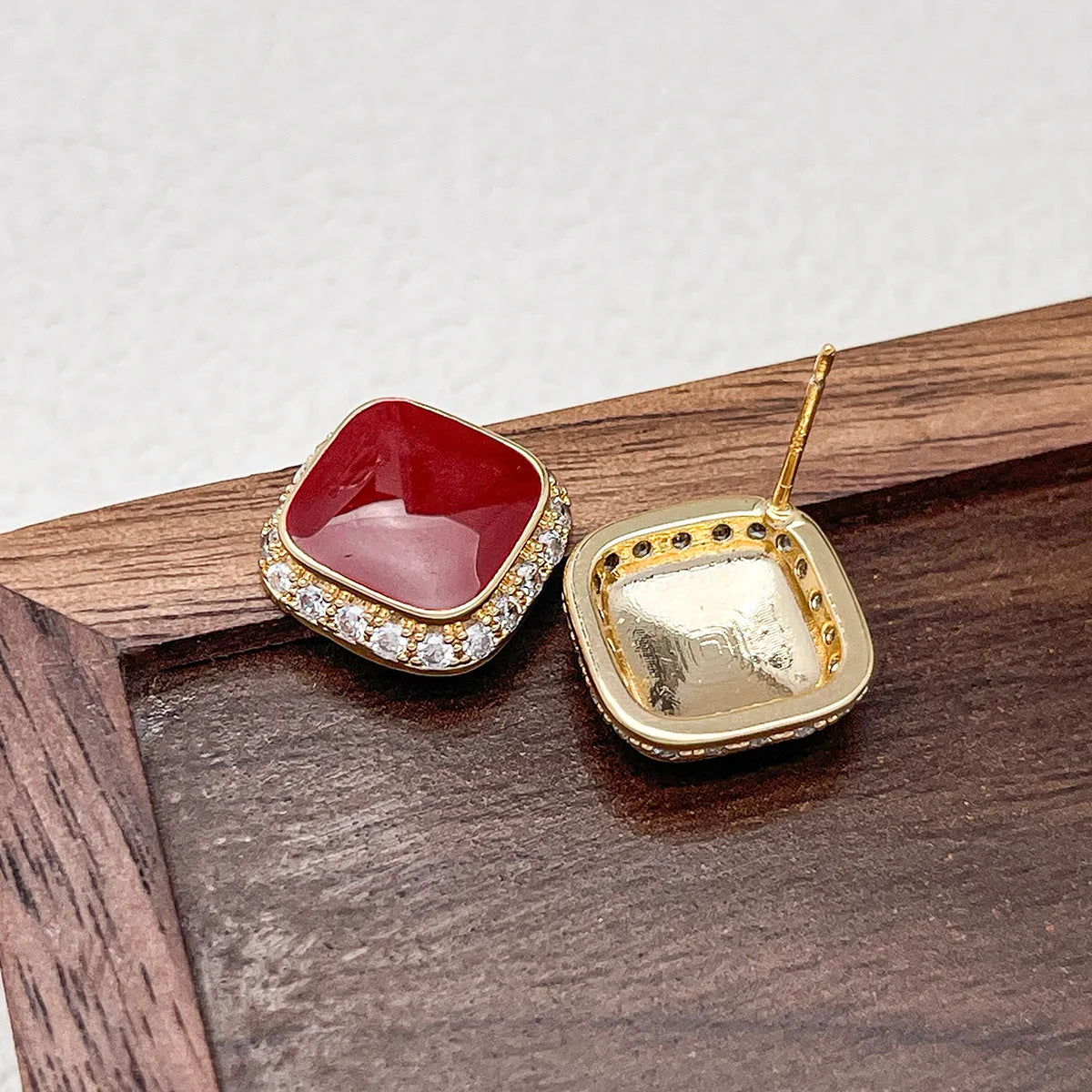 Retro red square geometric alloy earrings with seiko process finish