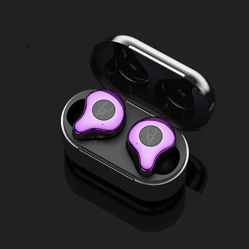TWS wireless Bluetooth earbuds in a charging case, showing colour options like silver, grey, and red.