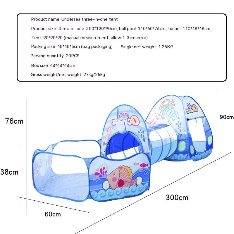 Children's cloth three-in-one play tent with tunnel in a cartoon submarine theme