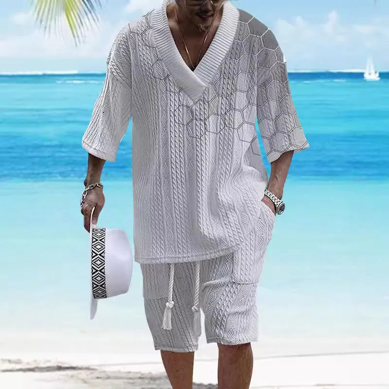 Men's casual knitted shorts suit set with short sleeves and drop-shoulder design