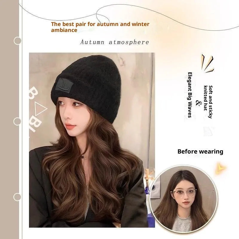 Hat wig women integrated big wave full-head style protein filament medium long hair brown black