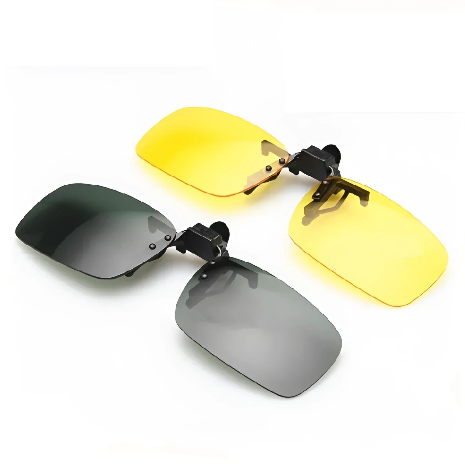 A pair of polycarbonate clip-on sunglasses for prescription glasses, shown in a dark green tint.