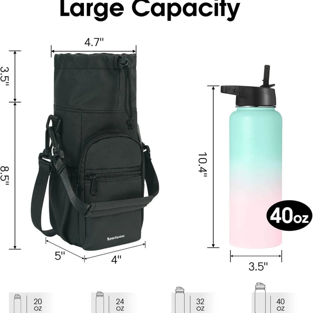 Canvas water bottle shoulder bag with crossbody strap in black, green, and pink colour options.