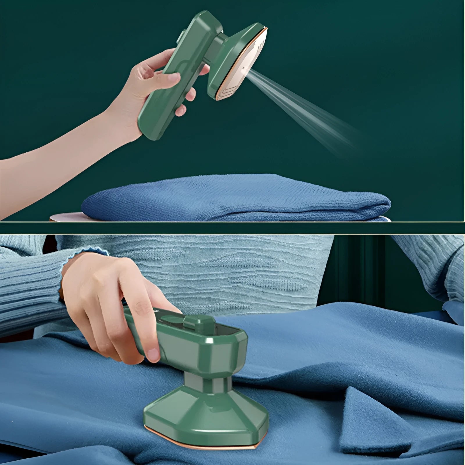 Dark green portable hand-held hanging steam ironing machine with a ceramic panel, shown with a power plug.