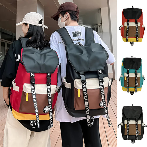 Oxford cloth backpack in black, green, or red with multiple carry handles