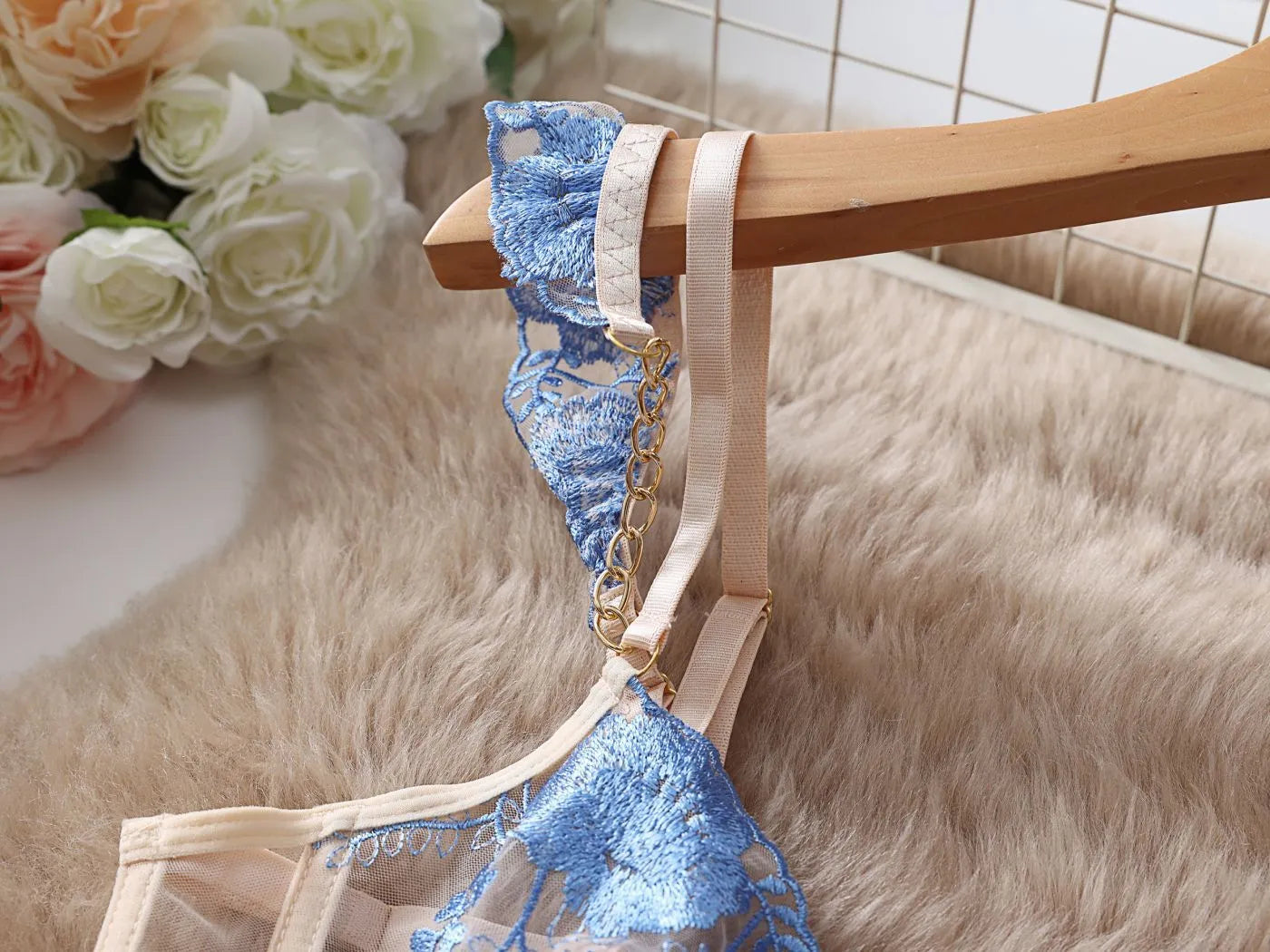 Light blue embroidered mesh underwear set with transparent push up bra and matching briefs