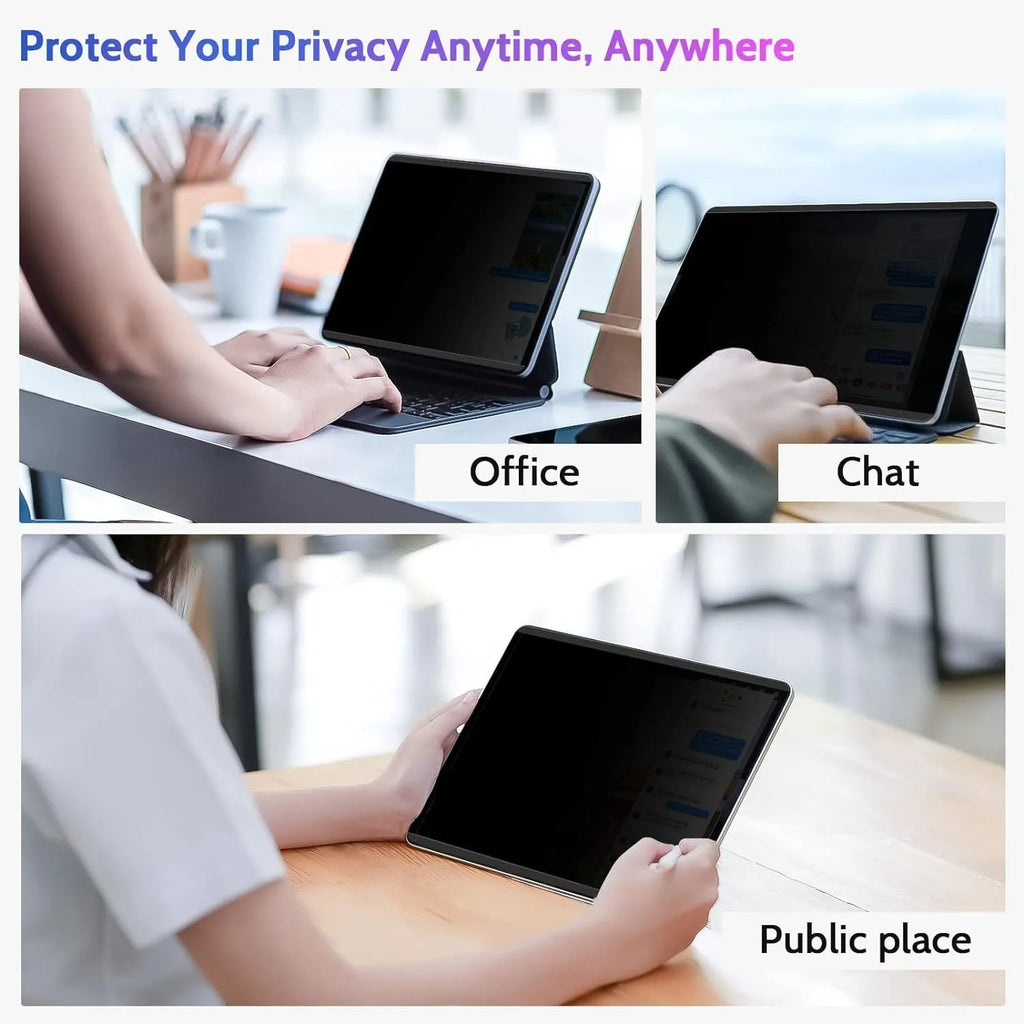 Magnetic suction anti-peeping film for iPad on a table next to an iPad and storage clip.