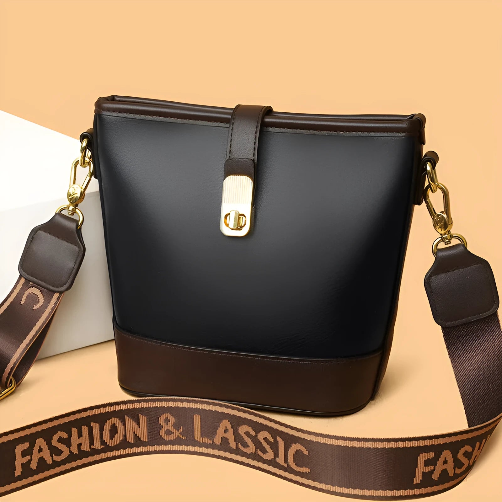 Korean-style black bucket messenger bag with soft PU leather and shoulder straps