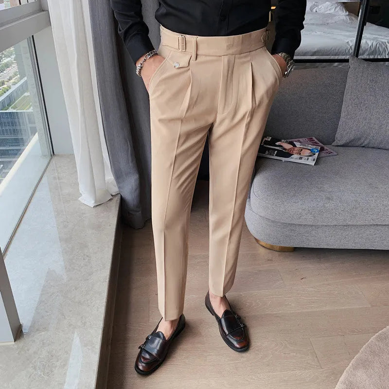 Straight leg casual trousers in solid colours on a hanger.