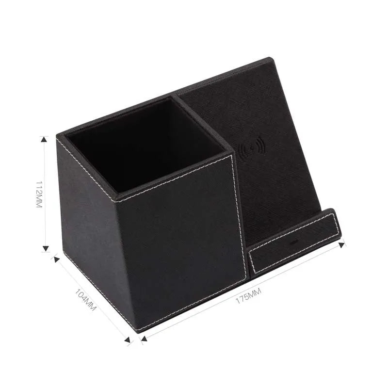 Leather pen holder wireless charger with phone charging on stand and pen storage compartments