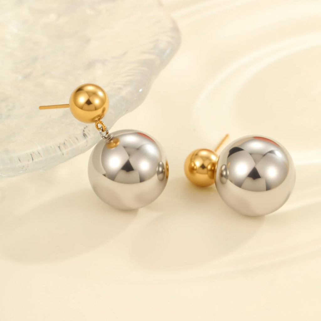 Women's geometric sphere ear studs with stainless steel construction and 18K gold electroplated colour-block finish
