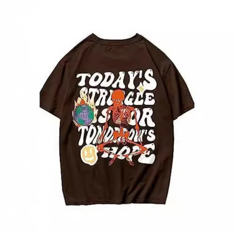 Men's grey printed short sleeve street T-shirt on a hanger showing digital graphic design.