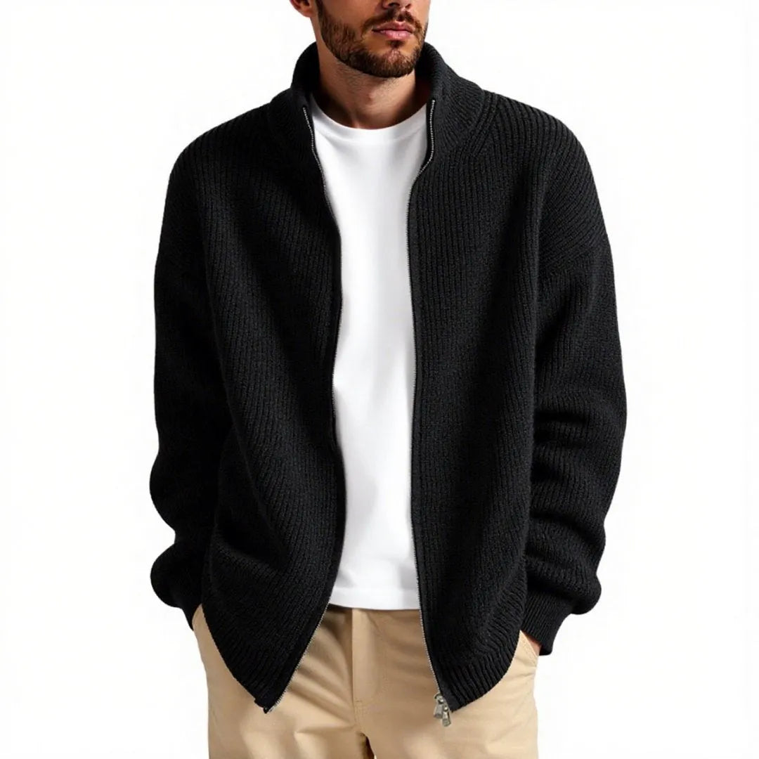 Loose-fitting men's cardigan sweater in a chemical fibre blend, shown in a neutral colour.