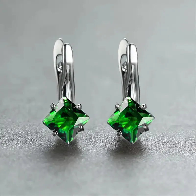 Copper diamond design earrings with inlaid zircon stones in blue, green and colour variations