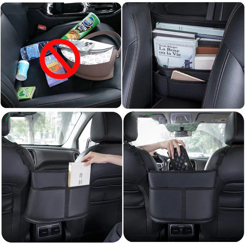 Black leather car seat storage bag with sports carbon fibre pattern measuring 38×24×15cm