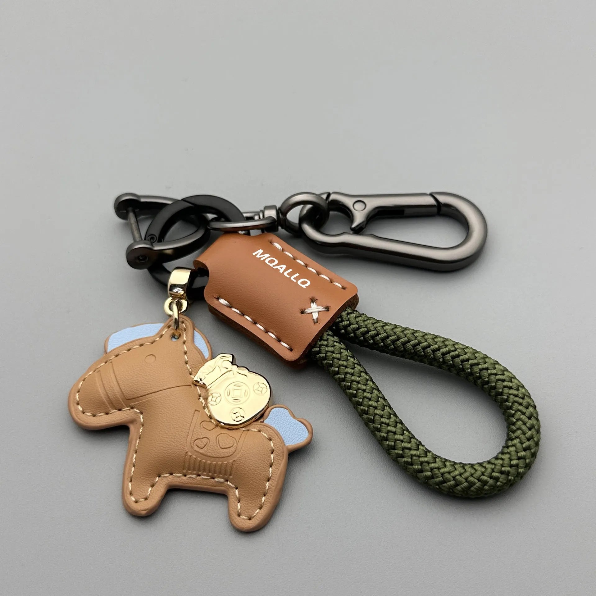 Handmade cowhide leather car key pendant with zinc alloy pony buckle and coloured flanelle rope