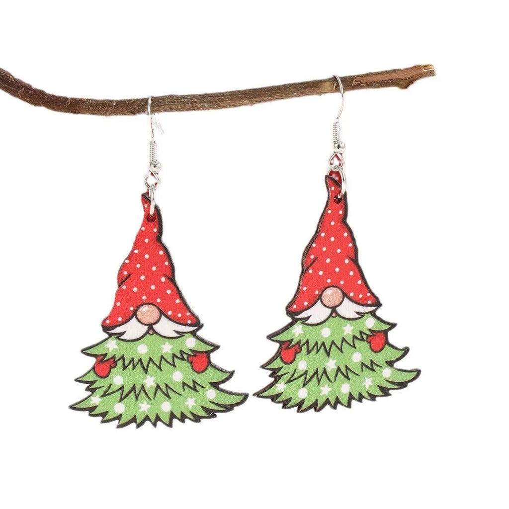 Wooden Christmas earrings with printed tree and snowman designs in geometric shapes