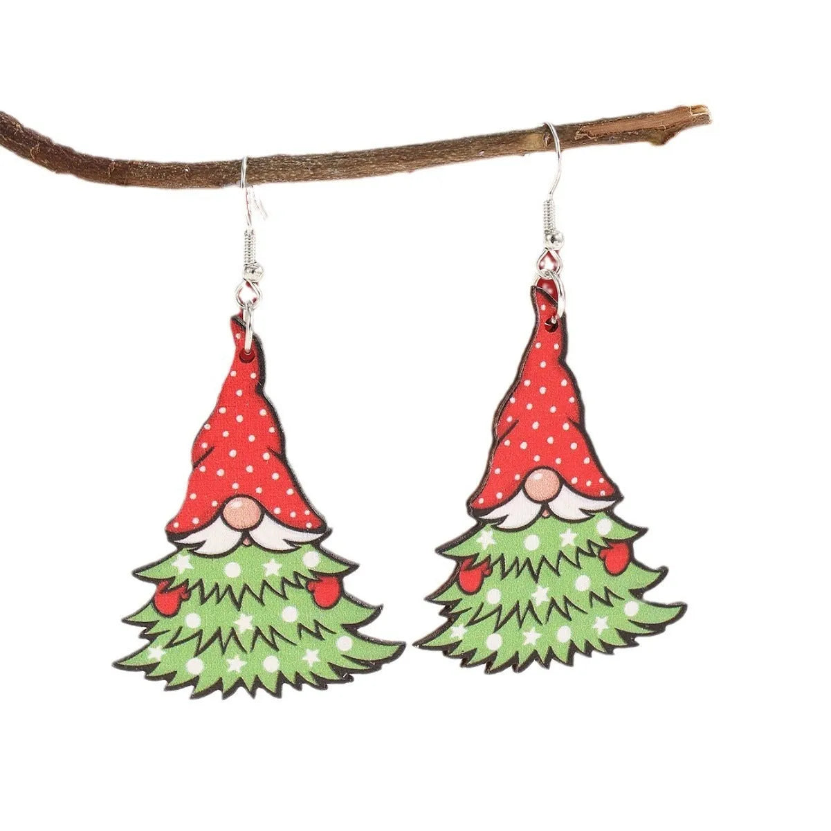 Wooden Christmas earrings with printed tree and snowman designs in geometric shapes