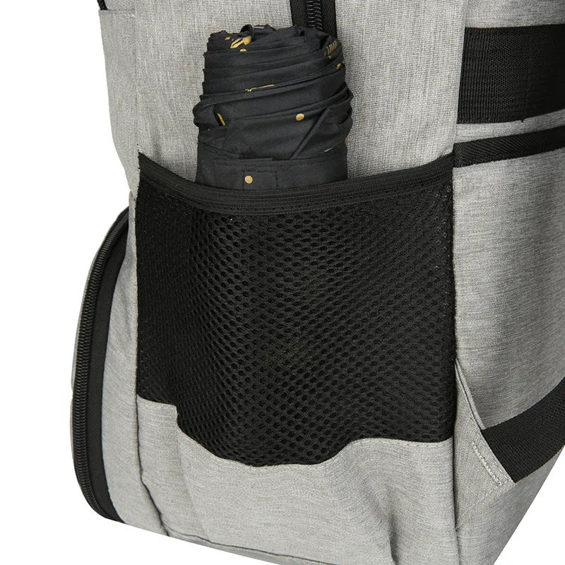 Light grey Oxford cloth insulated backpack with curved shoulder straps and dry wet separation compartments