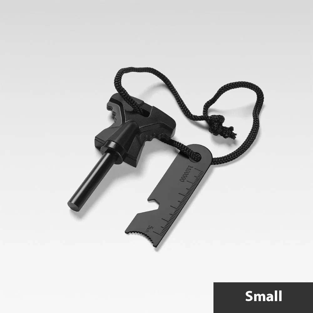 Butterfly-shaped stainless steel survival tool with firestone and bottle opener measuring 117mm