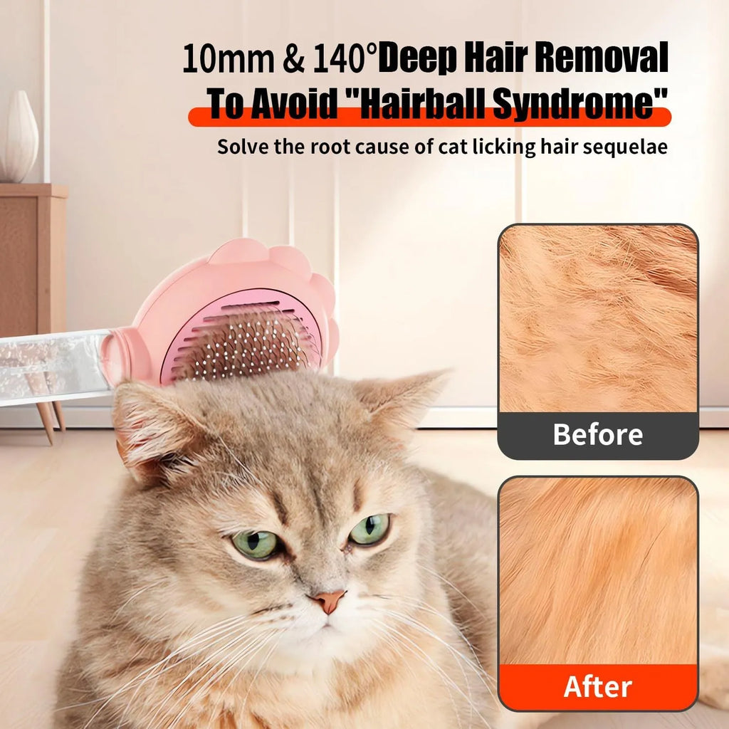 Grey spray cat brush with a release button and water tank for grooming pets.