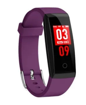 Black colour screen smartwatch fitness tracker on a wrist showing time and activity data.
