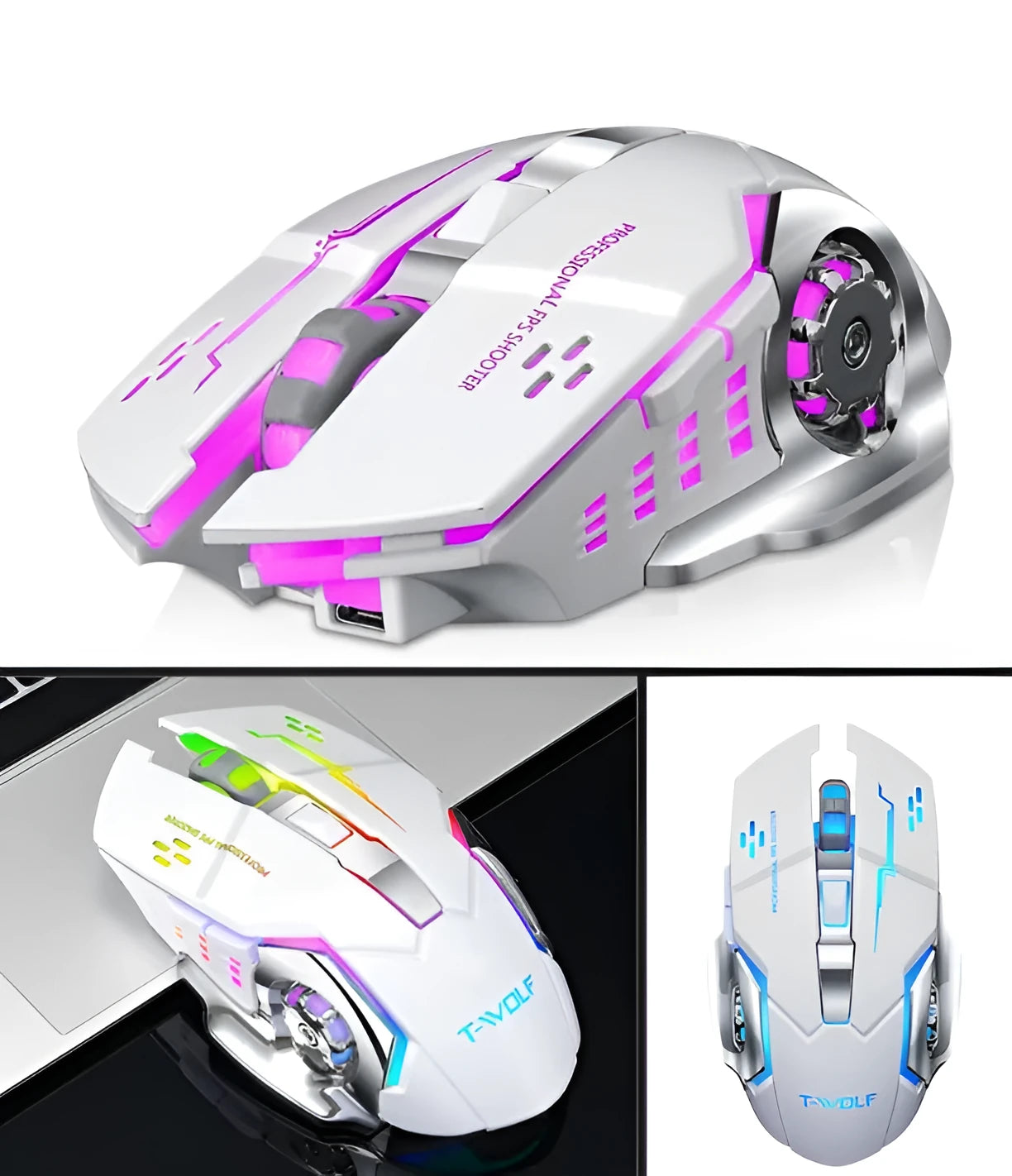 Black and white wireless quiet mouse with six buttons and 2400 DPI optical sensor for laptop computers
