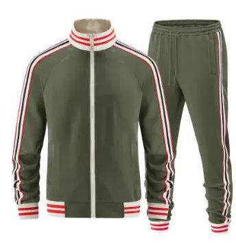 Men's khaki street style turtleneck zipper cardigan and trousers suit for casual wear