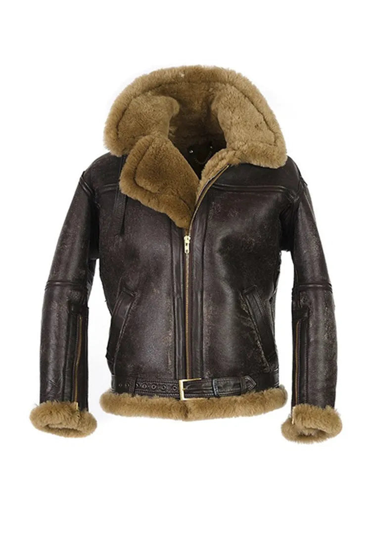 Men's brown retro faux fur winter coat with straight hem and side pockets