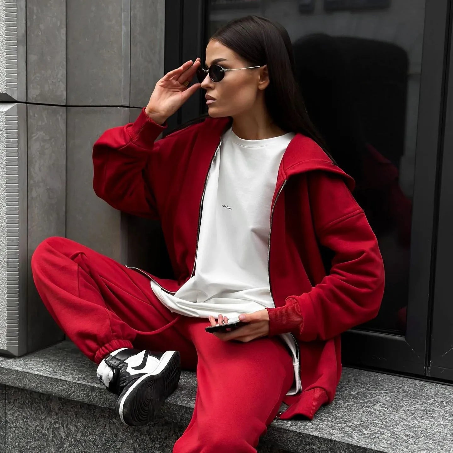 Women's street style long-sleeved coat and trousers two-piece set in loose fit polyester fabric