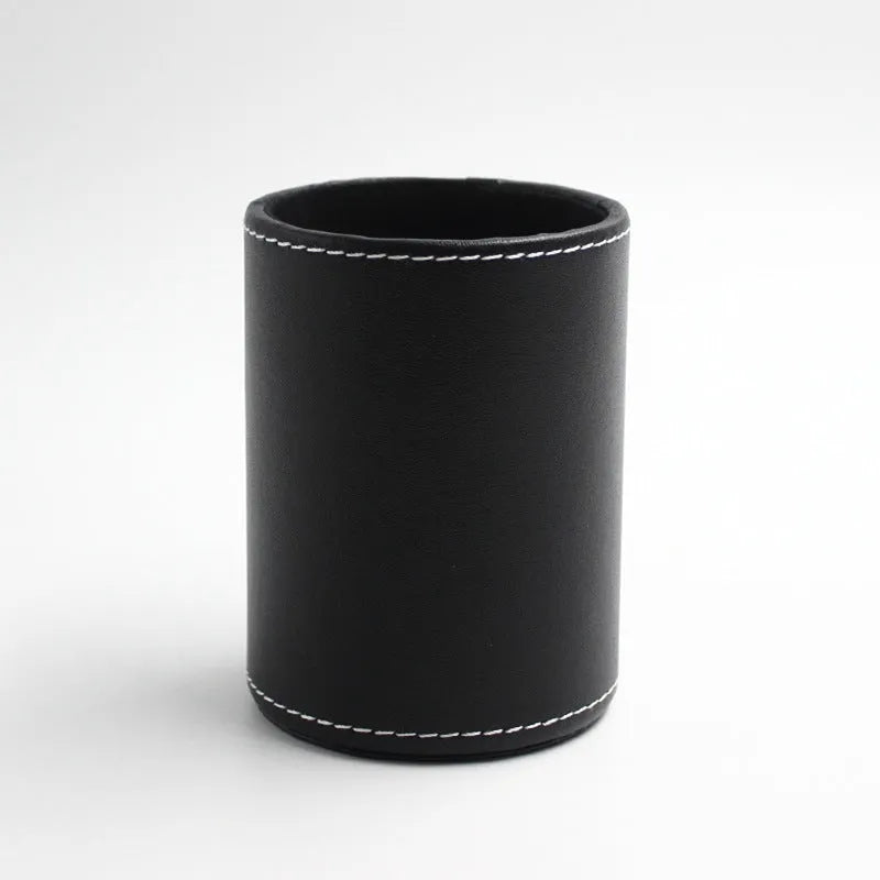 Black leather round pen holder with 8cm diameter and 10.8cm height for desk organisation