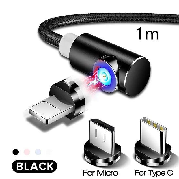 Black magnetic charging cable with aluminium housing and LED light indicator showing magnetic connectors
