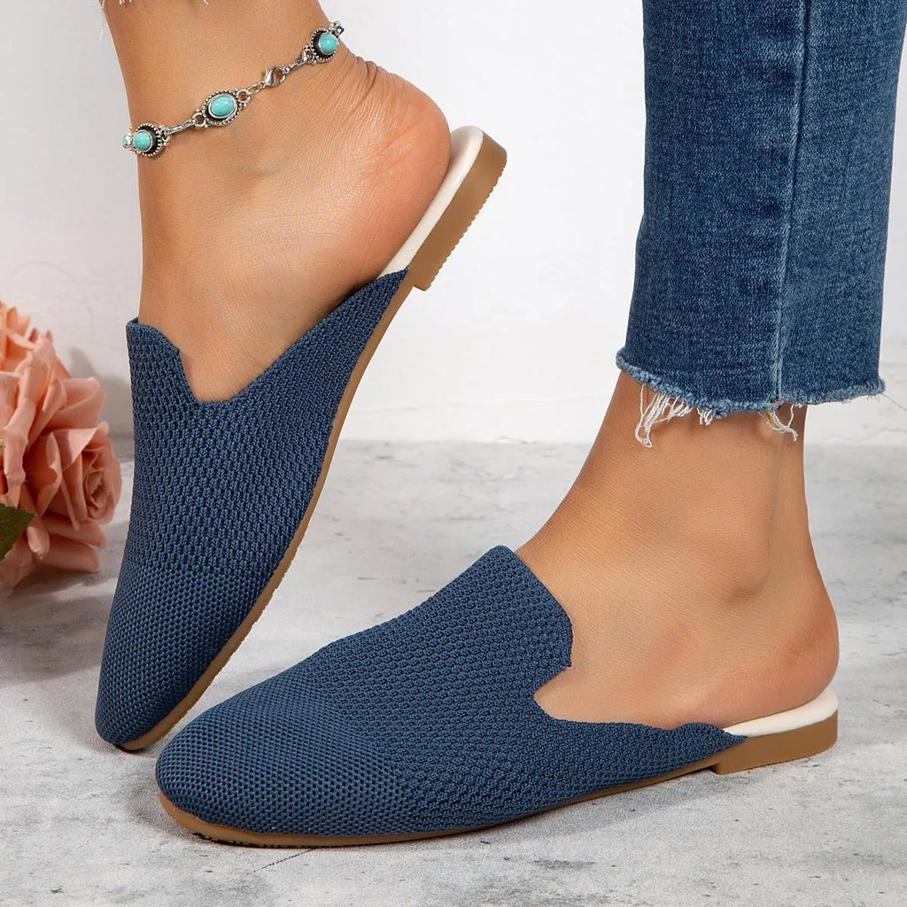 Mesh slip-on sandals with round toe, cloth upper, and flat rubber sole in candy colours