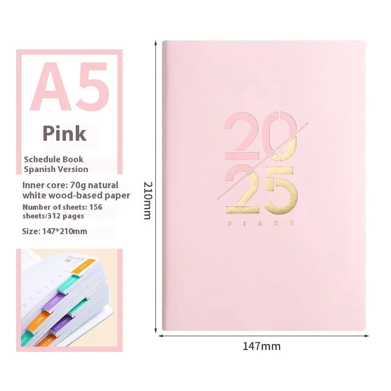 A5 daily planner with soft faux leather cover showing multiple colour options including pink yellow purple blue green