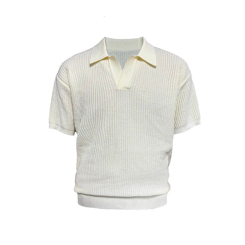 Men's business casual polo shirt in ice silk blend fabric available in creamy-white, black, and grey colours