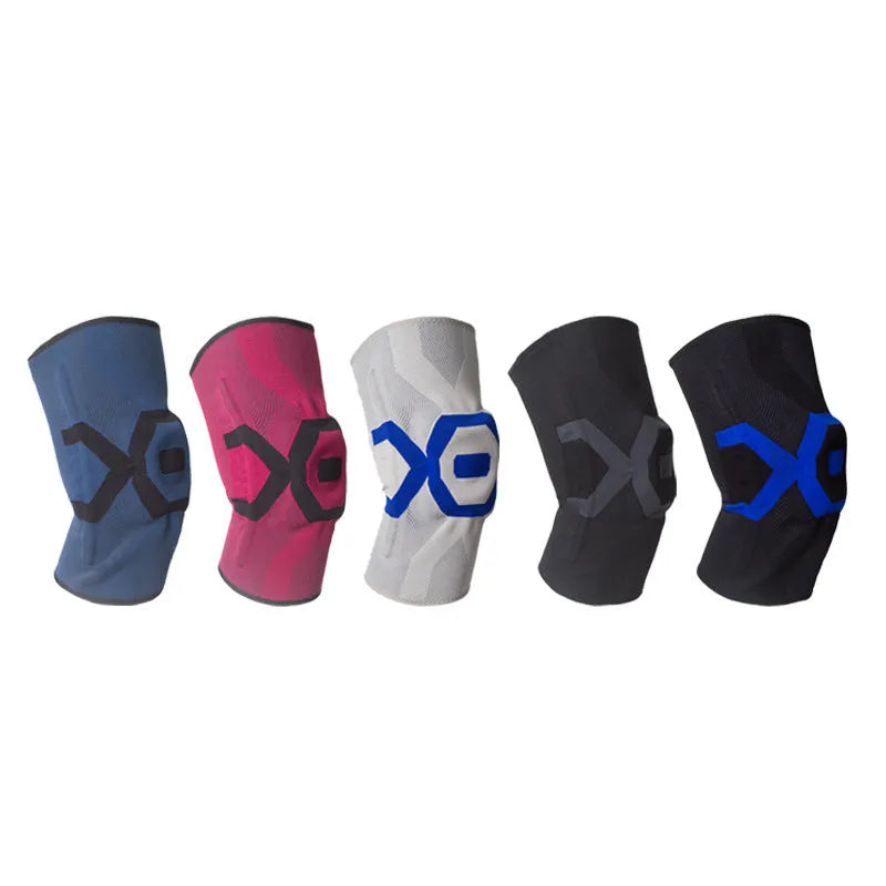 Silicone knee pad for men in black and blue colour, shown on a knee during activity.