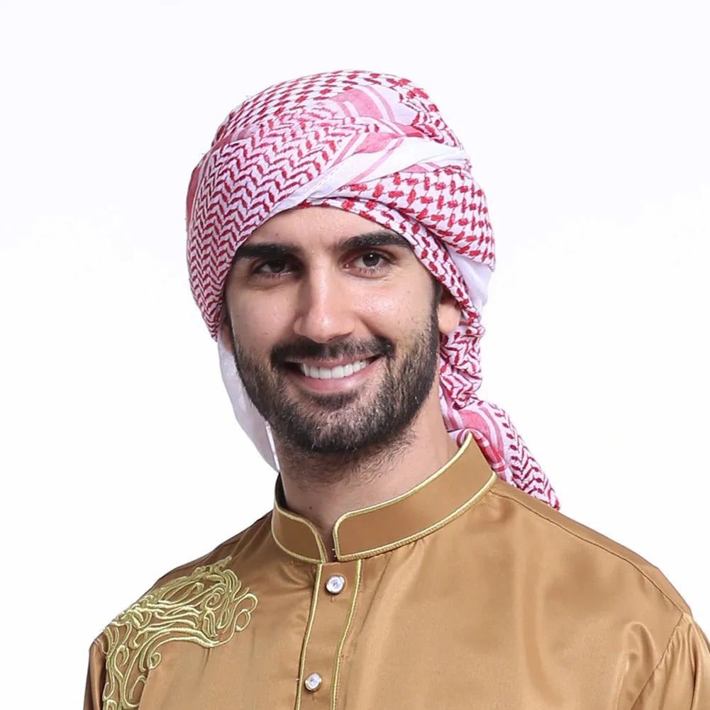 Muslim men's headscarf in red with dome crown style made from warp-knitted polyester fabric