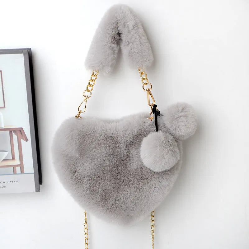 Soft plush heart-shaped women's handbag with zipper closure in various colours