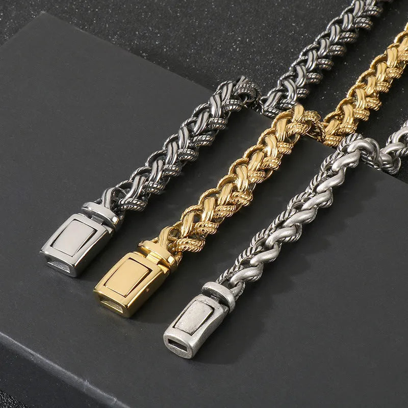 Men's antique silver titanium steel keel chain necklace with geometric twist design