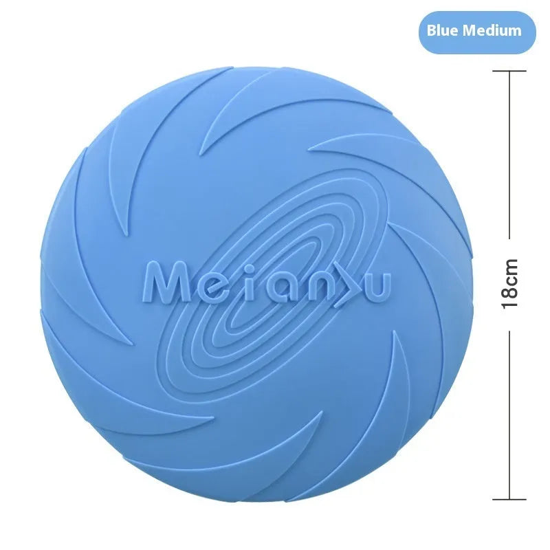 Soft rubber dog frisbee flying disc toy in red, shown in small, medium, and large sizes for outdoor fetch.