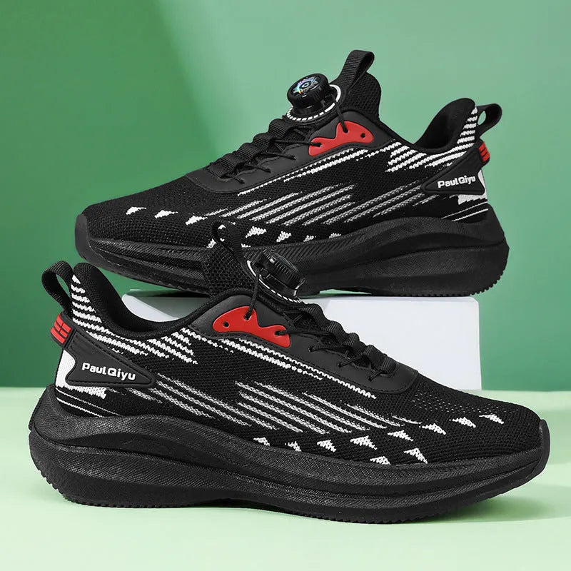 Men's low-top casual running shoes in black with Fly-kit mesh upper, rotating buckle, and lace-up front.
