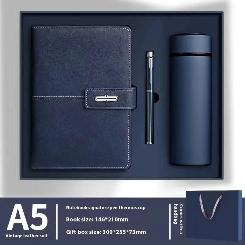 A5 notebook with imitation leather cover in multiple colour options including black, red, green, blue, and orange.