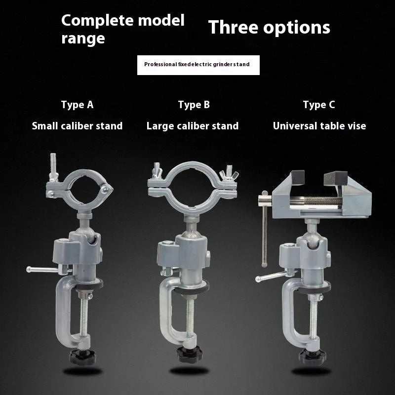 Small clamp-on bench vise with a 360-degree rotating tungsten steel head on a workbench edge.