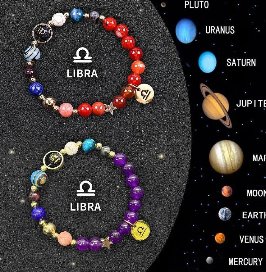 Twelve individual zodiac sign bracelets with natural stone beads and constellation charms on adjustable cords