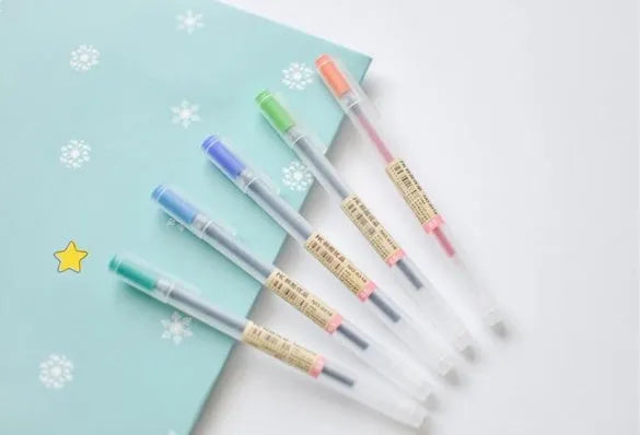 Muji 12-piece gel pen set with 0.5mm fine nibs showing assorted colours