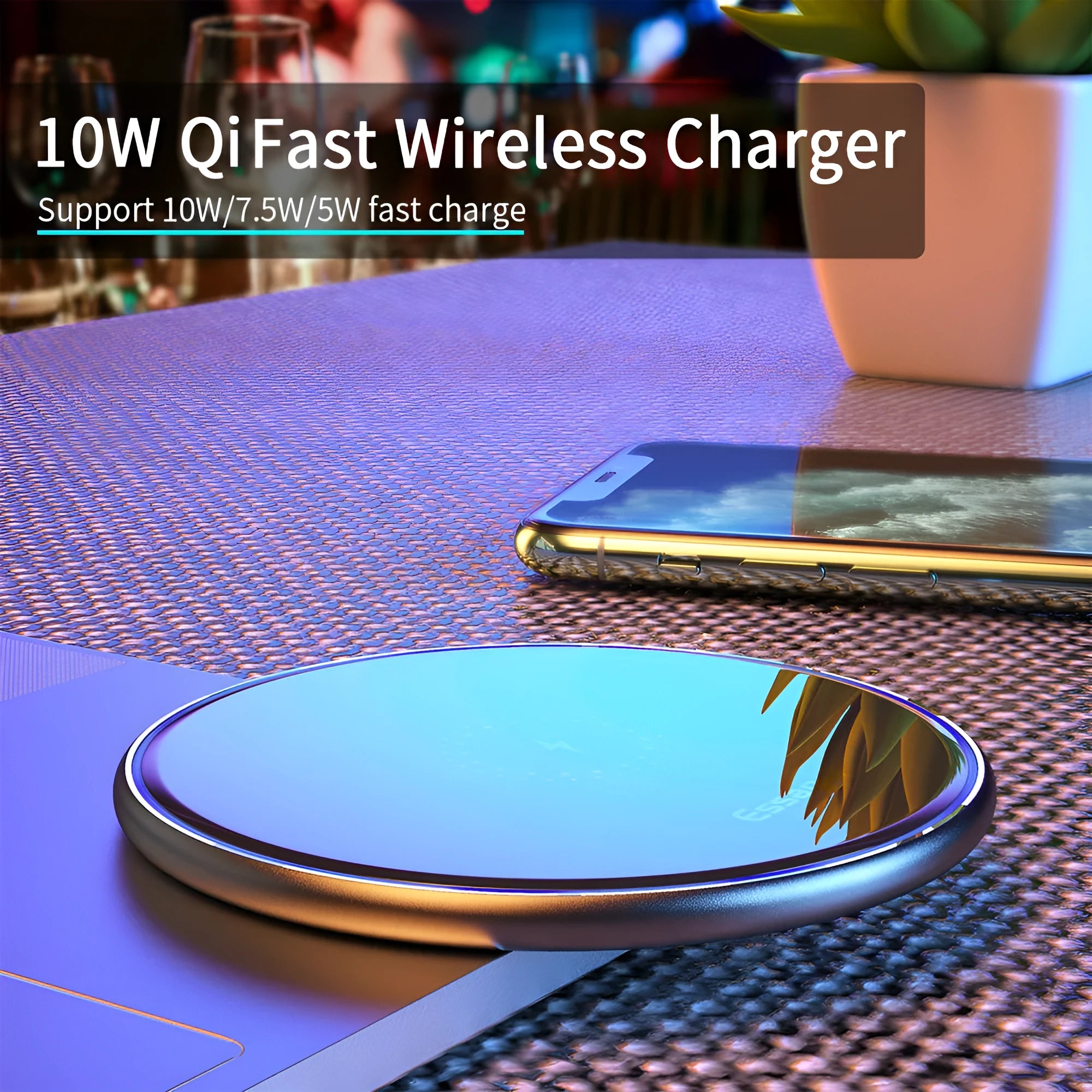 Black or white aluminium alloy 15W fast wireless charging pad on a desk