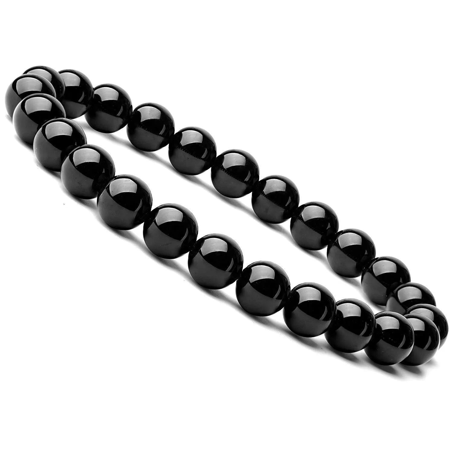 Geometric black agate bead bracelet on elastic cord, showing 8mm bead size.