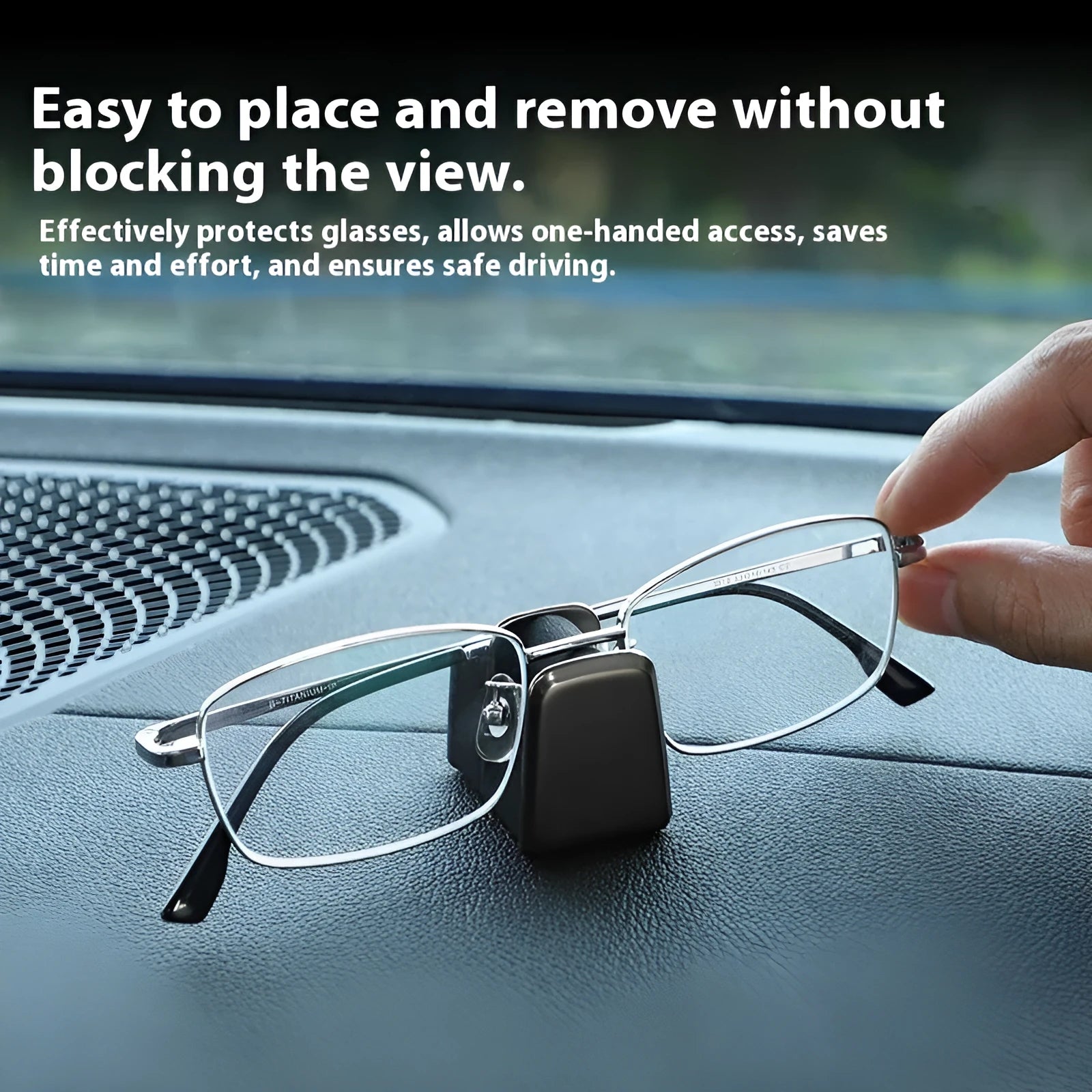 Car dashboard glasses holder clip in leather-covered zinc alloy, showing colour options